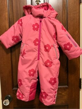 Zara Pink Floral Hooded Snowsuit with Red Flower Print